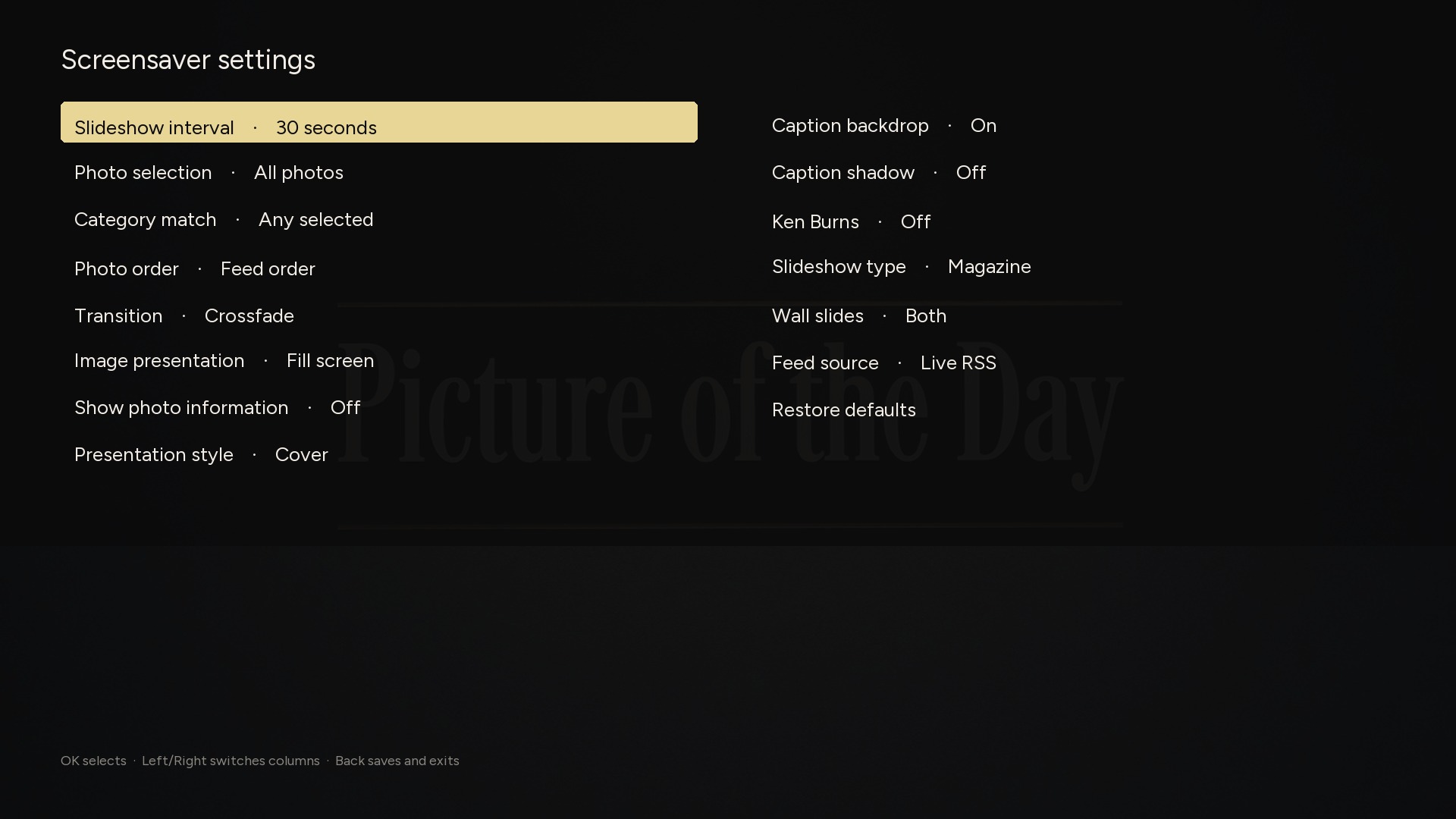 Settings: Interval, categories, transitions, and how the caption sits on the photograph.